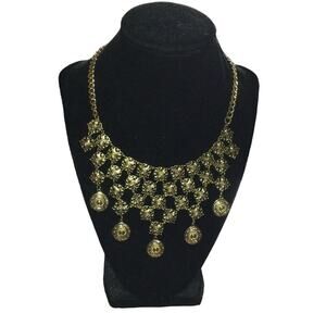 Mini Medallion Gold Tone Layered Bib 16" Maximalist Statement Necklace